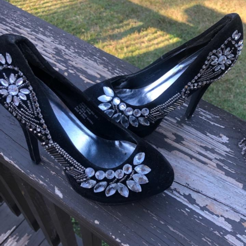 Black velvet diamond heels